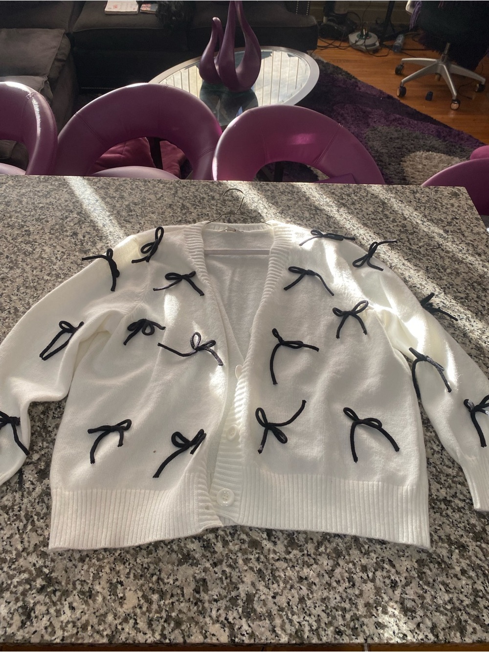 Cato White Cardigan Sweater with Black Bow Appliqués